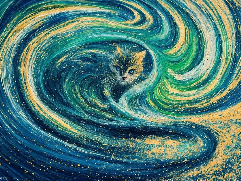 A superposition of a cat in a hyperbolic time chamber in the style of Van Gogh