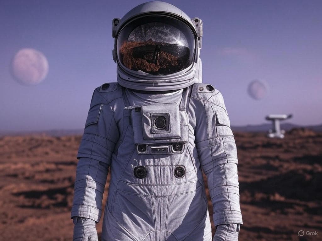An astronaut standing on the surface of an alien planet, with a spaceship in the background and multiple moons in the sky.