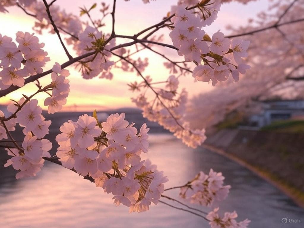 Cherry blossoms beneath a sunset sky.
