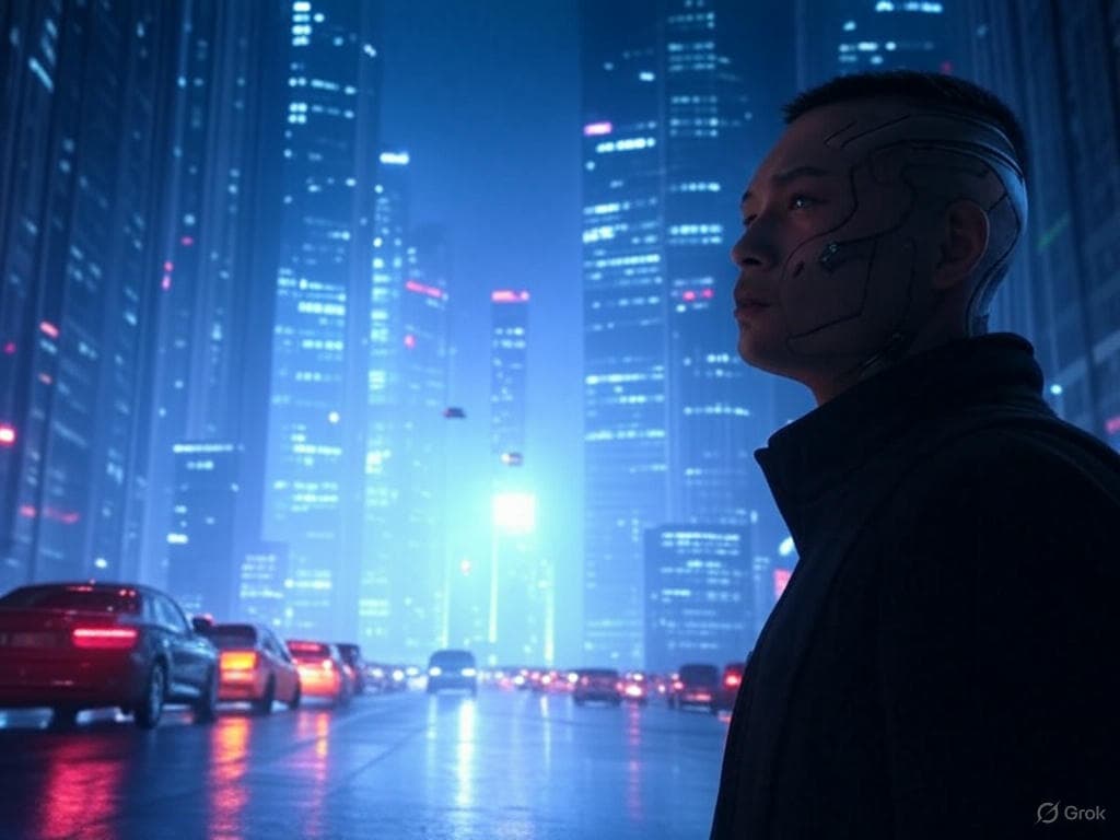 A cyberpunk-inspired city at night, with neon lights, flying cars, and towering skyscrapers.