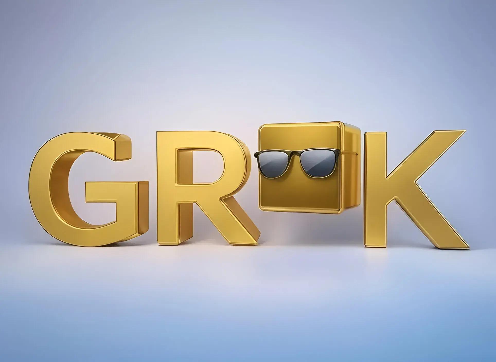 Generate a creative logo for "GROK" with a golden color and sunglasses