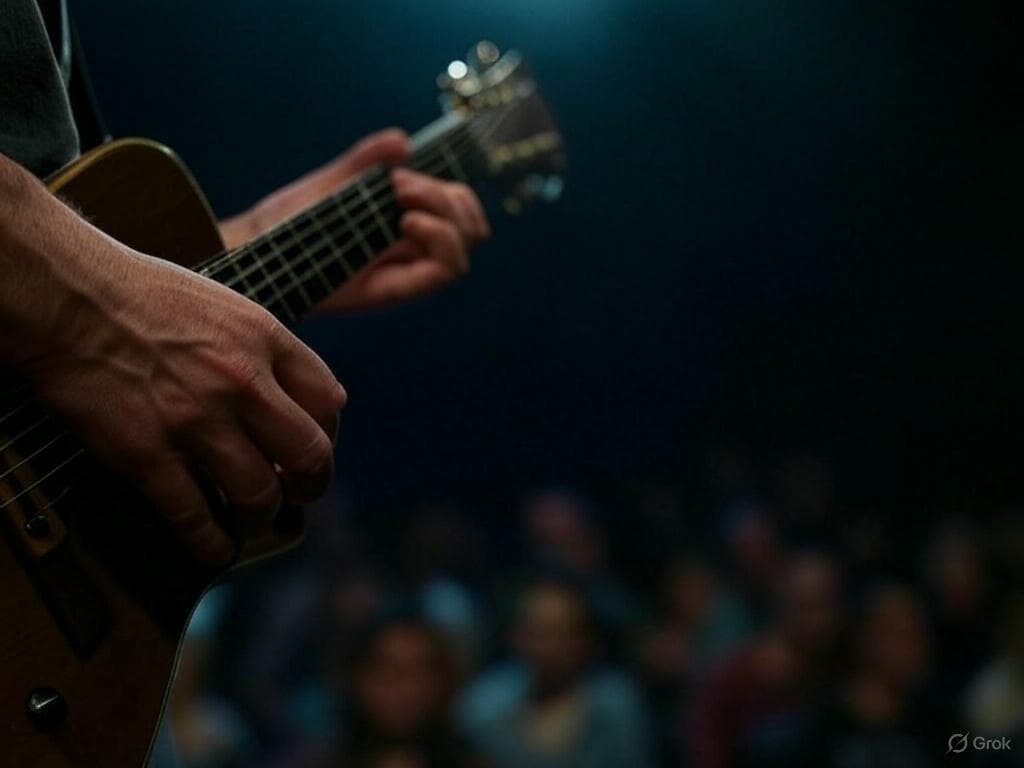 A closeup of a guitar player's hand holding a pick.