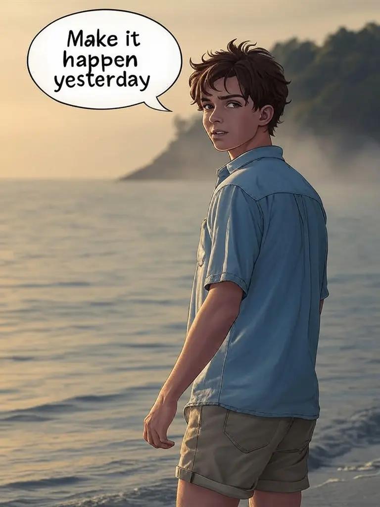 A comic of a young man standing by the sea, looking back and saying "Make it happen yesterday."