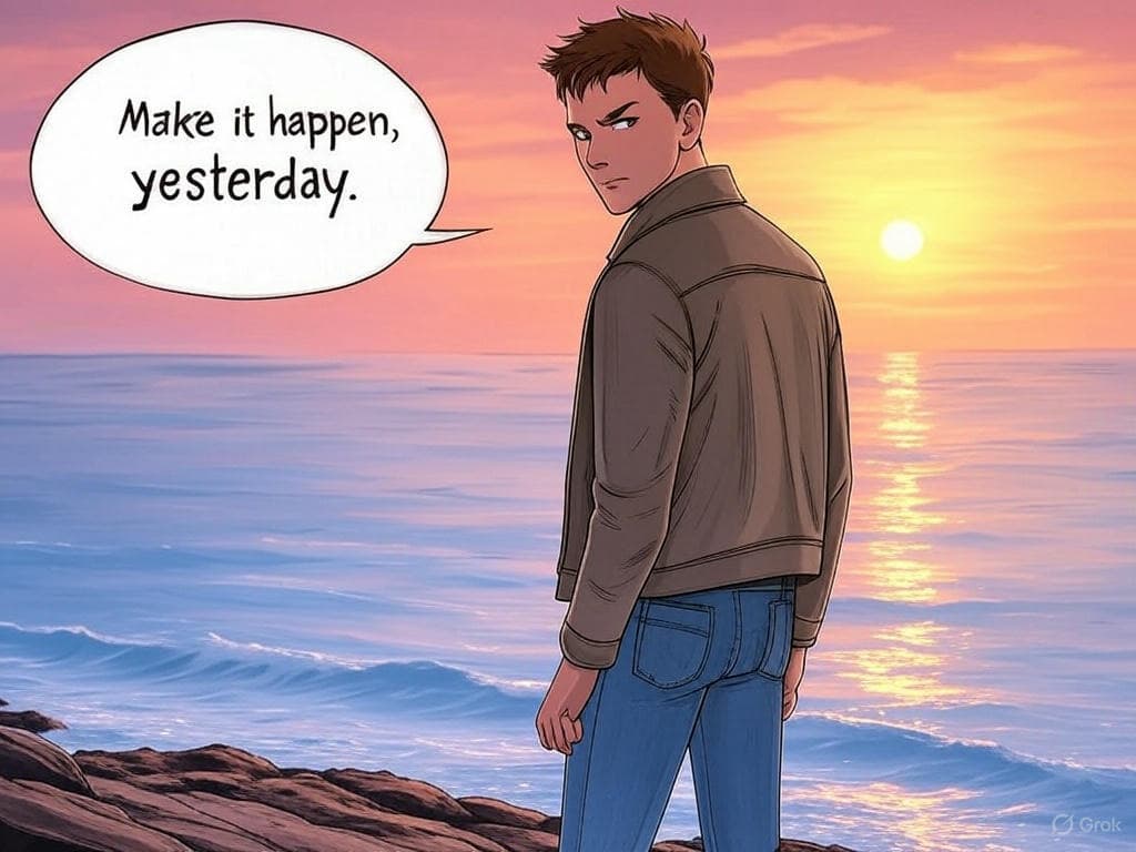 A comic of a young man standing by the sea, gazing back over his shoulder with a determined expression. In a speech bubble, printing the text, 'Make it happen, yesterday.'