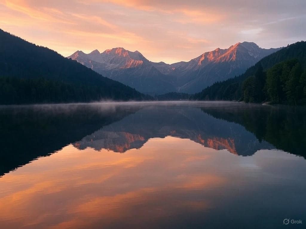 A serene mountain lake at sunset, with mist rising from the water and the peaks reflected perfectly in the still surface.