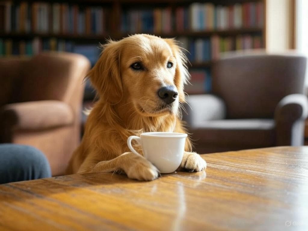 A dog drinking a cup of tea in a library.