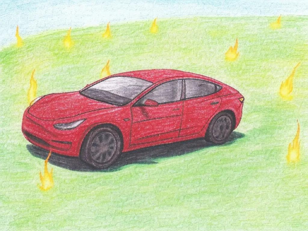 Crude crayon drawing of a Tesla driving through a fiery meadow