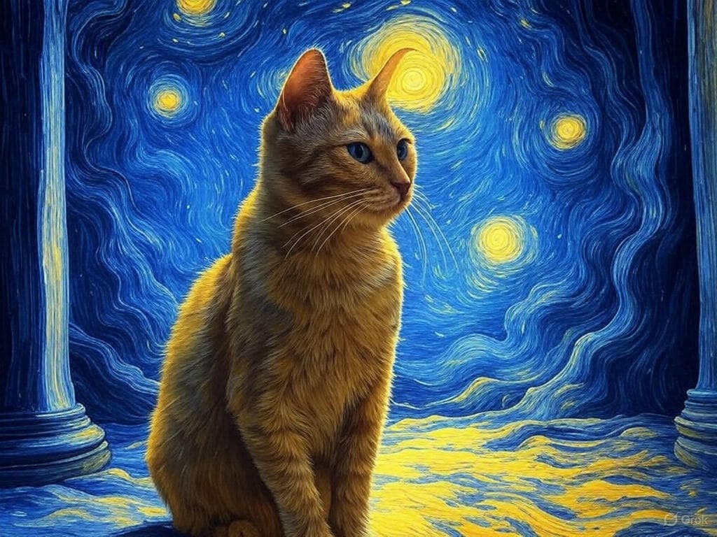 A superposition of a cat in a hyperbolic time chamber in the style of Van Gogh.