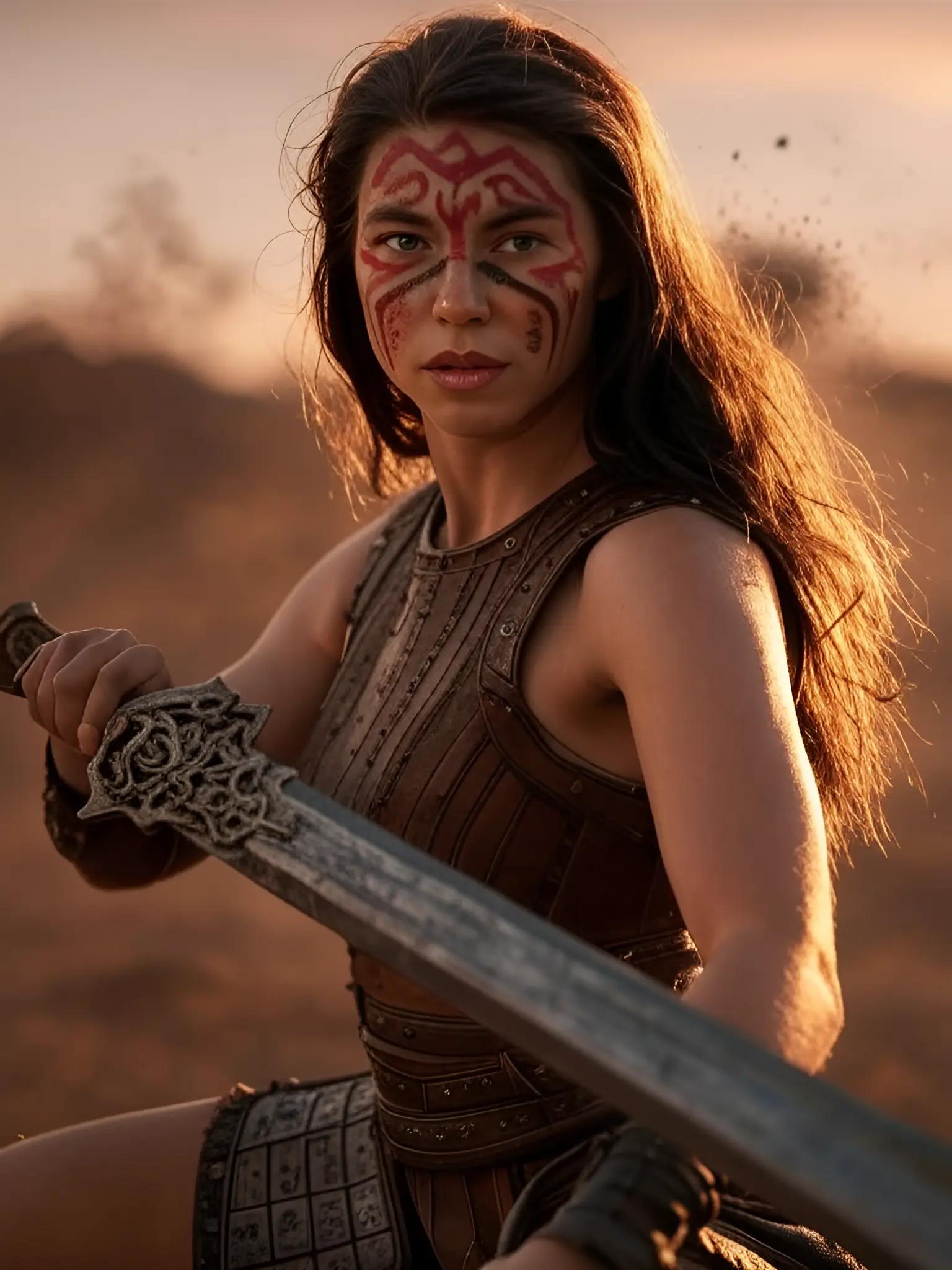 A close-up of a female warrior with a sword