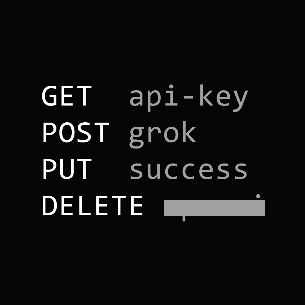 Four rows of white text on a black background reading 'GET api-key', 'POST grok', 'PUT success', 'DELETE ?'.