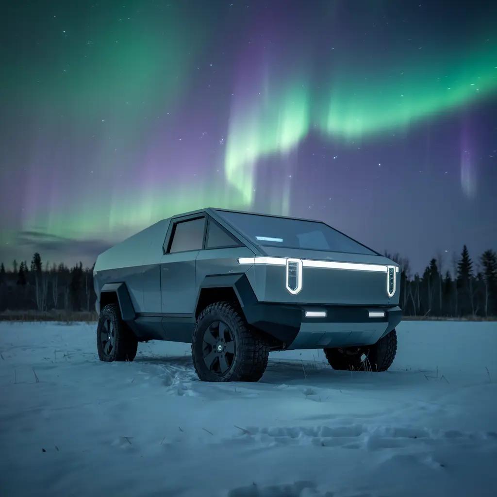 Cybertruck under an aurora - ideogram