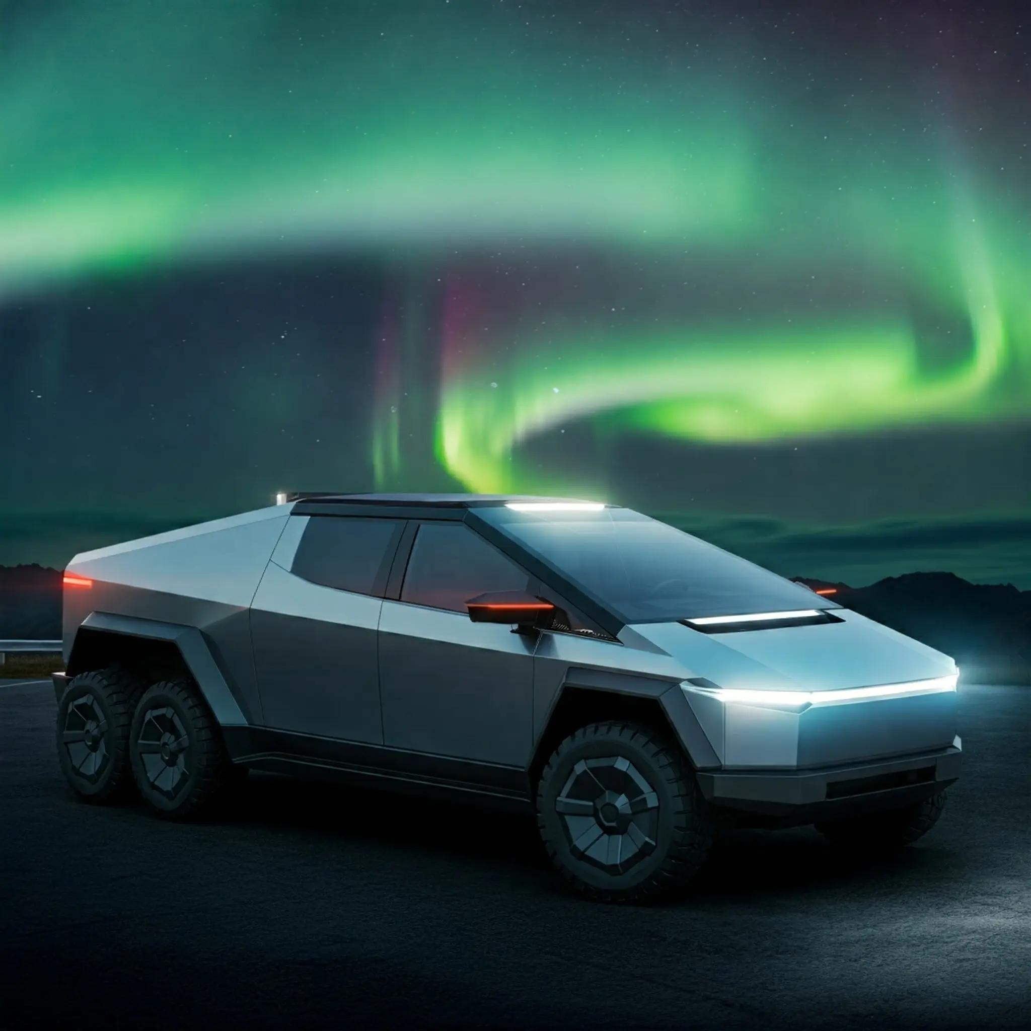 Cybertruck under an aurora - imagen