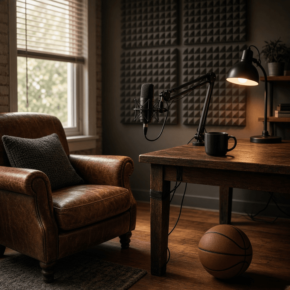 Reference photo of a warmly lit podcast studio with a leather armchair