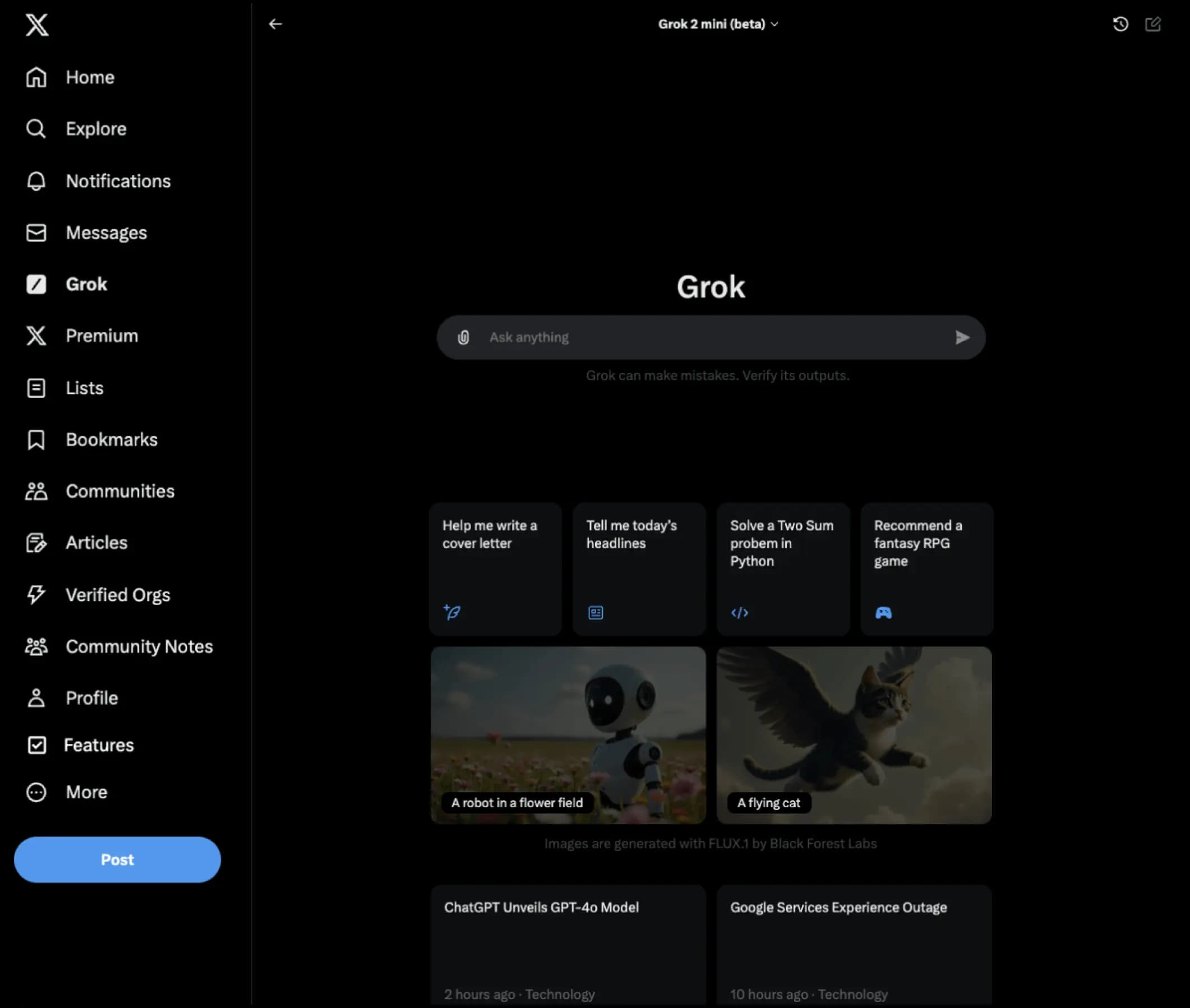 X App Grok page with Grok mini