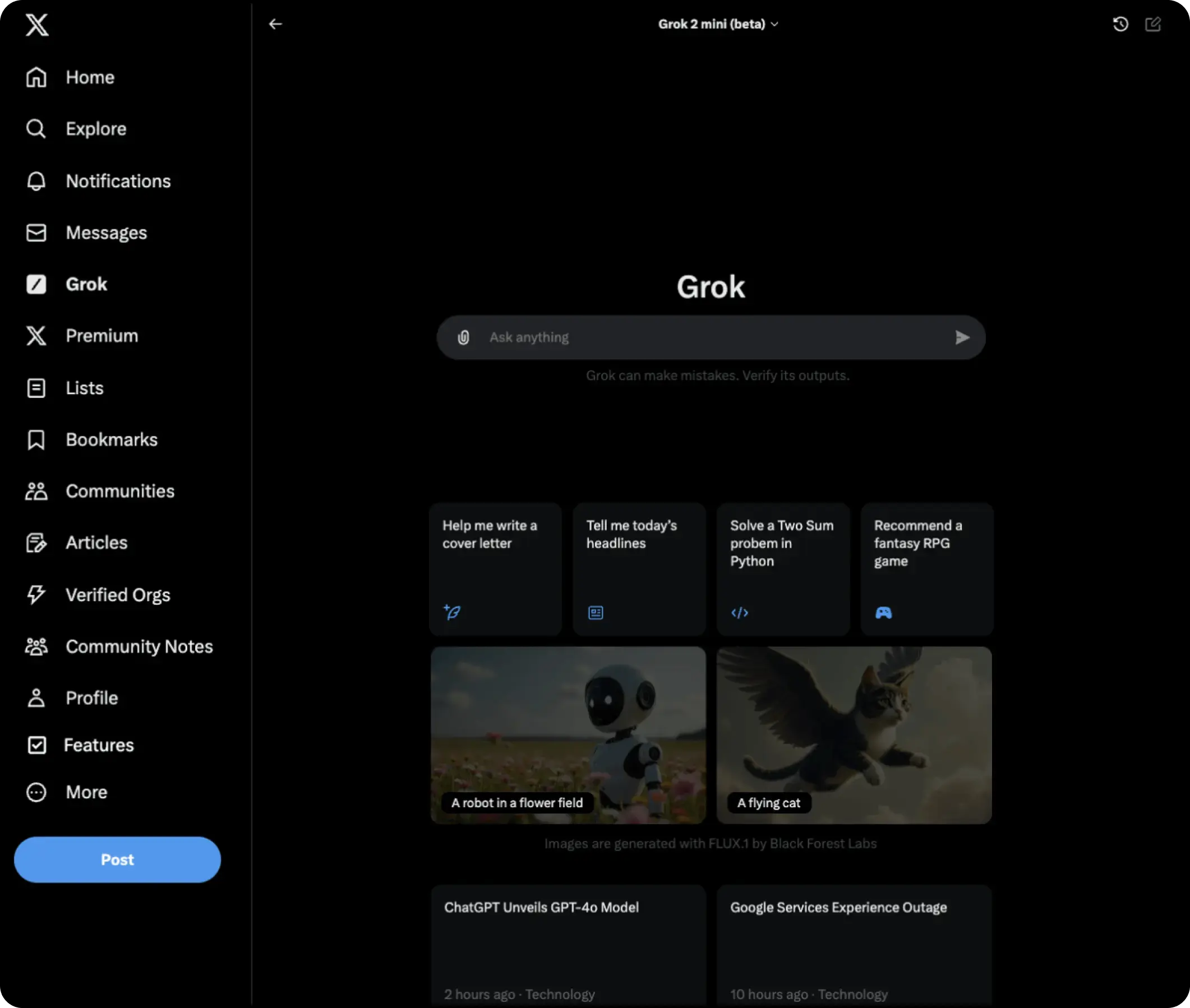 X App Grok page with Grok mini