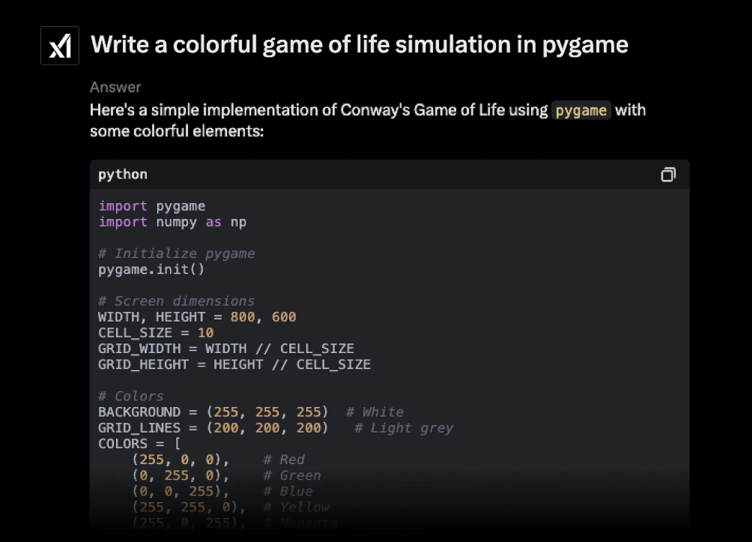 Grok's response to a coding question