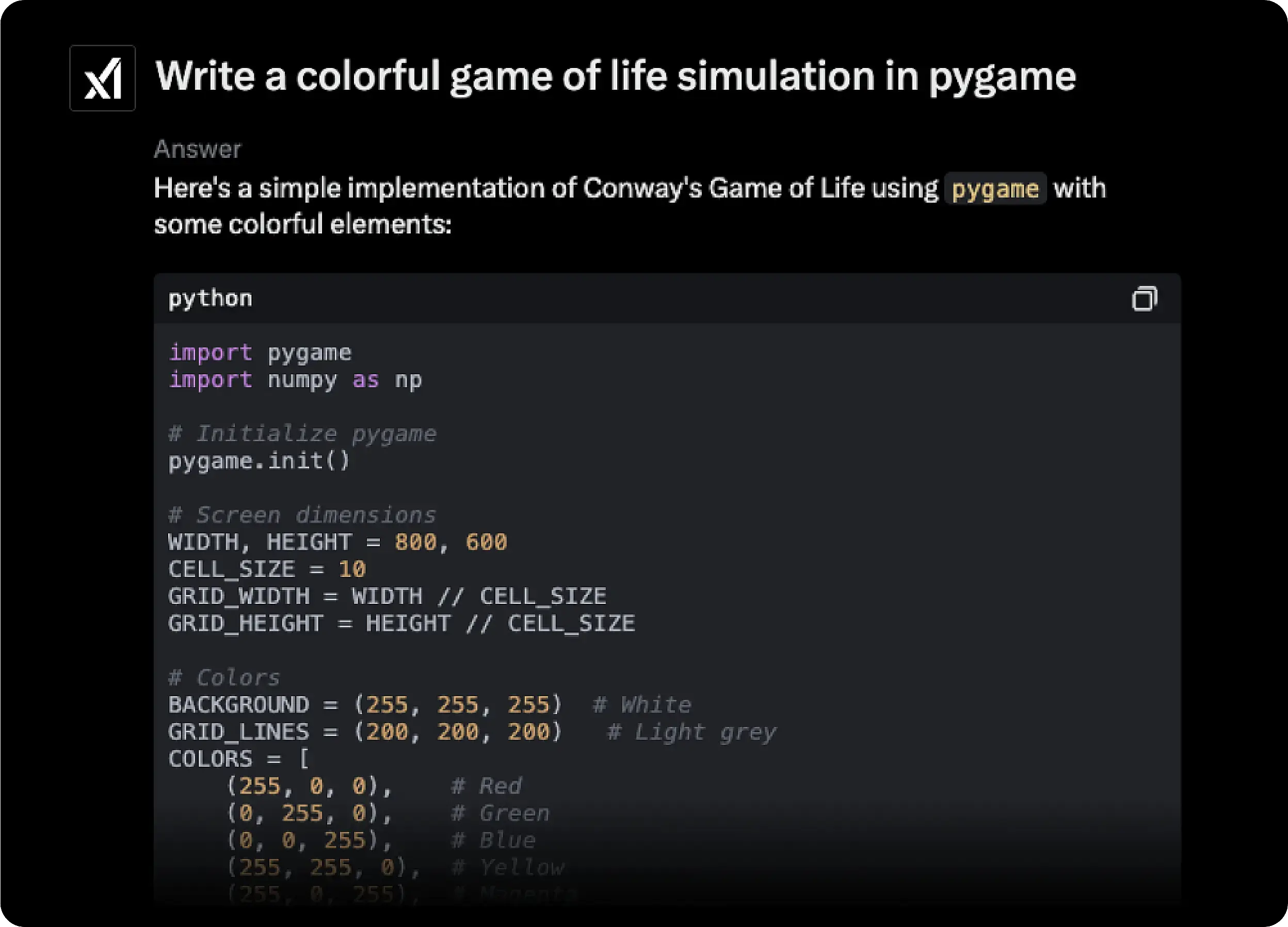 Grok's response to a coding question