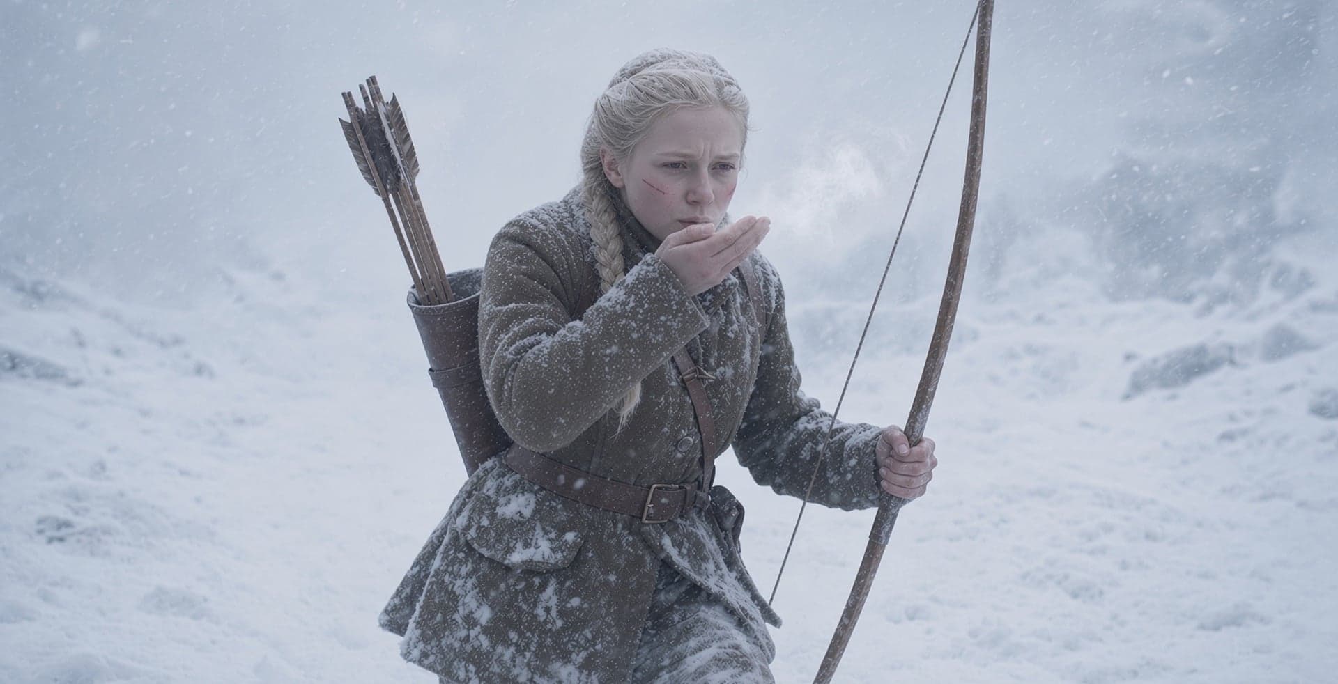 The same archer in a blizzard, breathing warmth into her hand