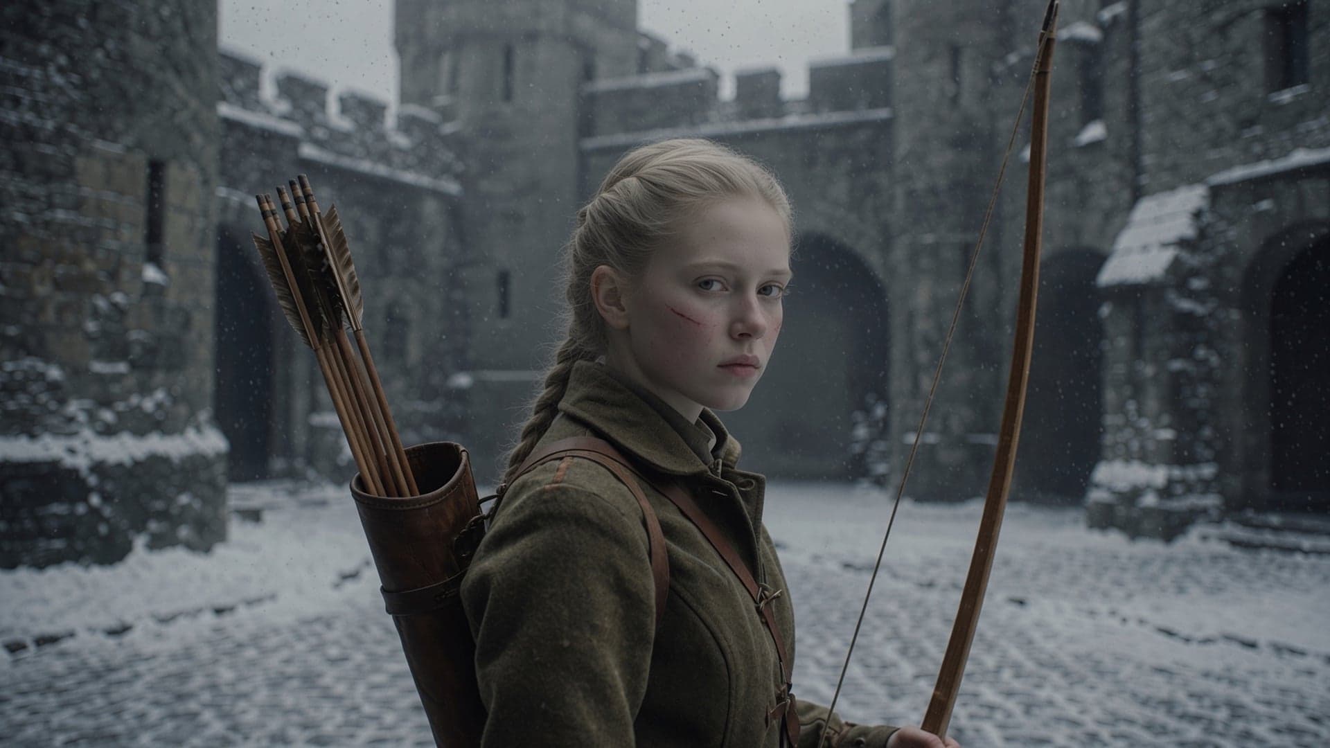 An archer with a braid and a scarred cheek in a snowbound castle courtyard