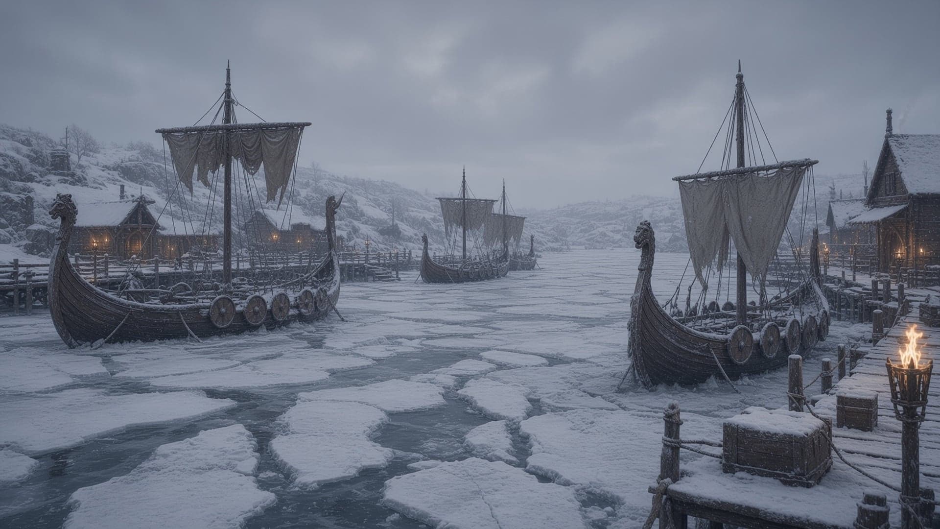 Longships frozen into the ice of a snowed-in harbor