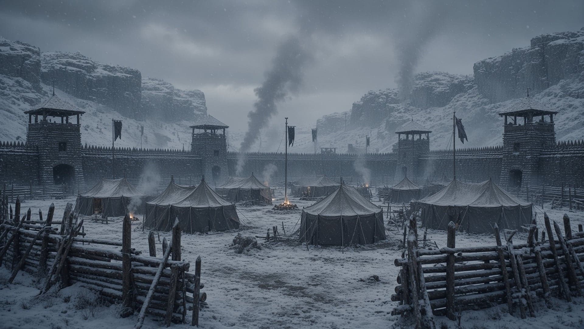 A walled war camp of tents and watchtowers under snowfall