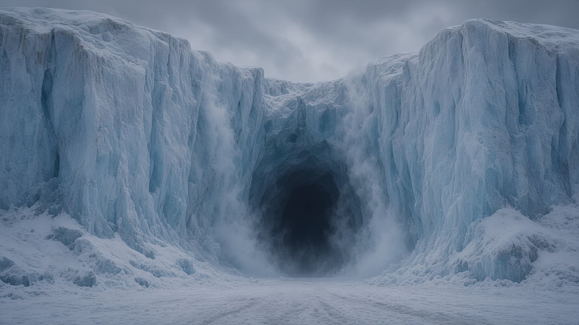 A dark tunnel mouth in a glacier wall, breathing fog
