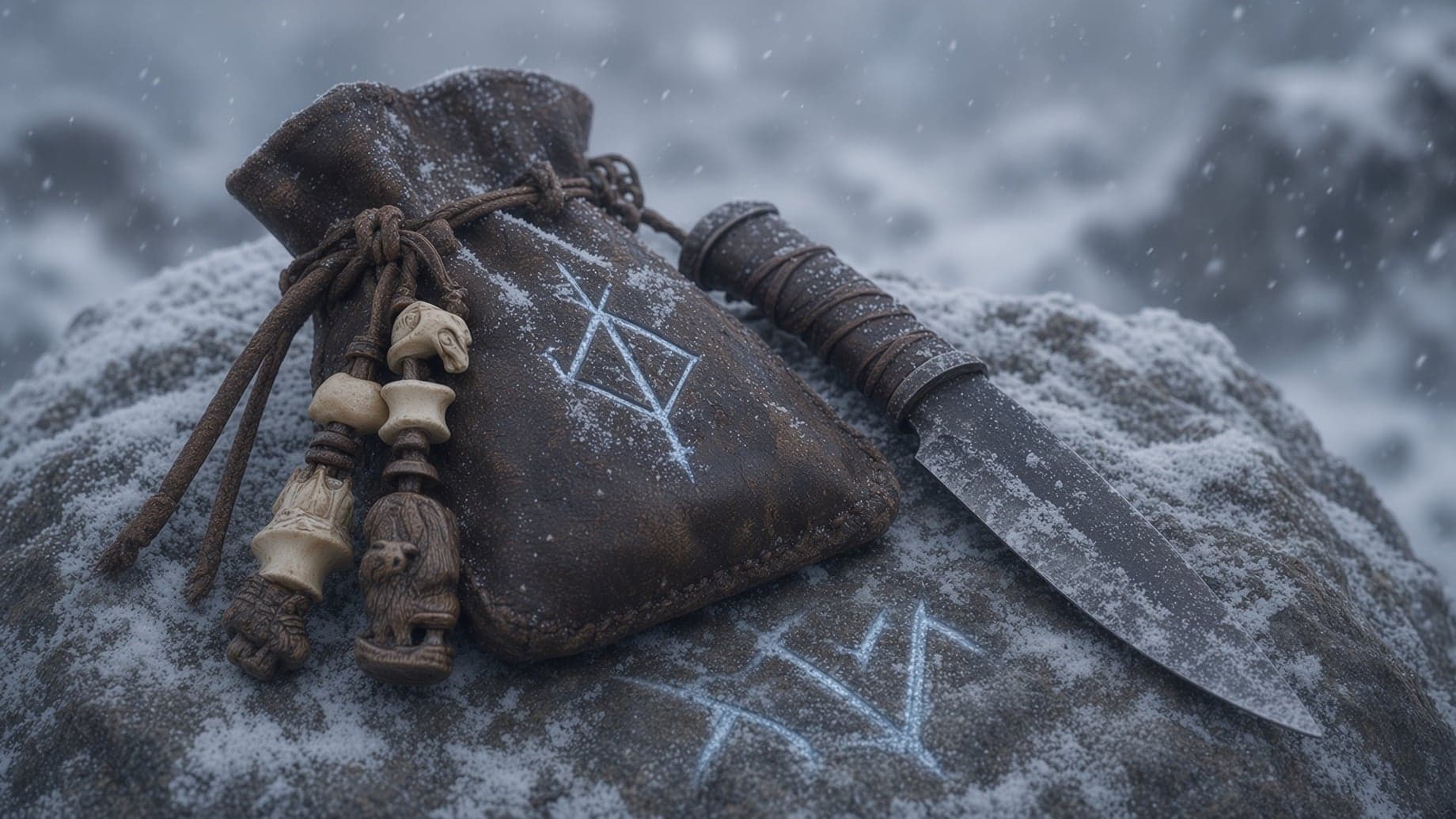 A rune-carved knife and leather pouch dusted with snow