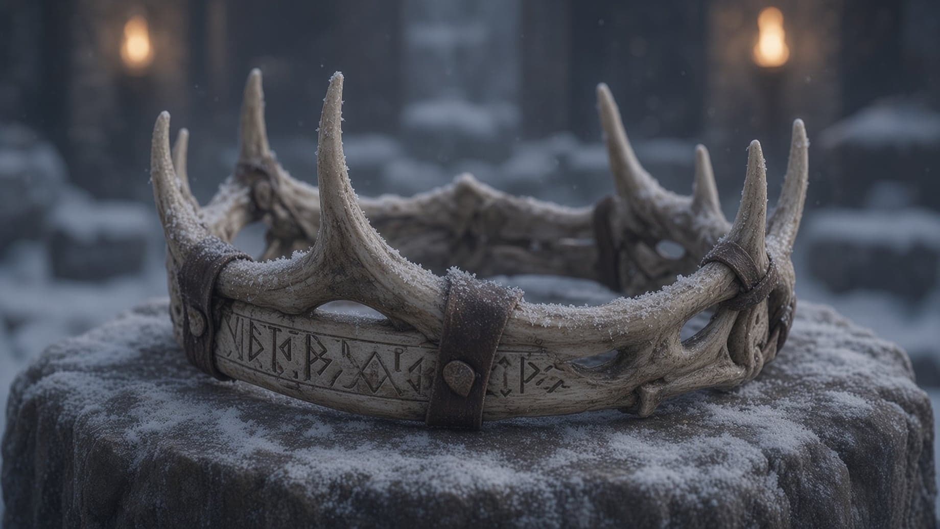 An antler crown inscribed with runes, resting on a stone pedestal