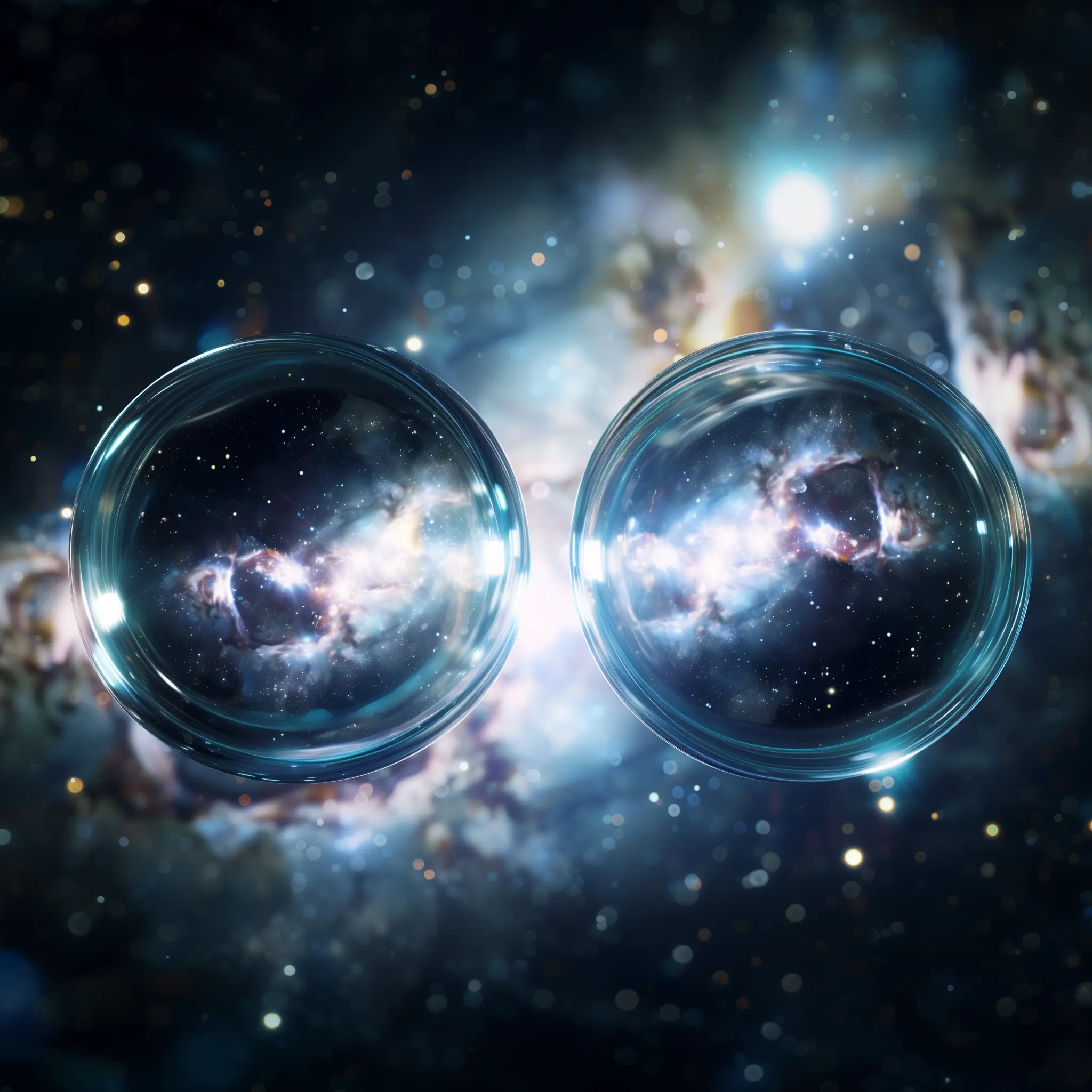 An abstract visualization of two transparent spheres reminiscent of glasses over a galaxy filled with stars and nebulae.