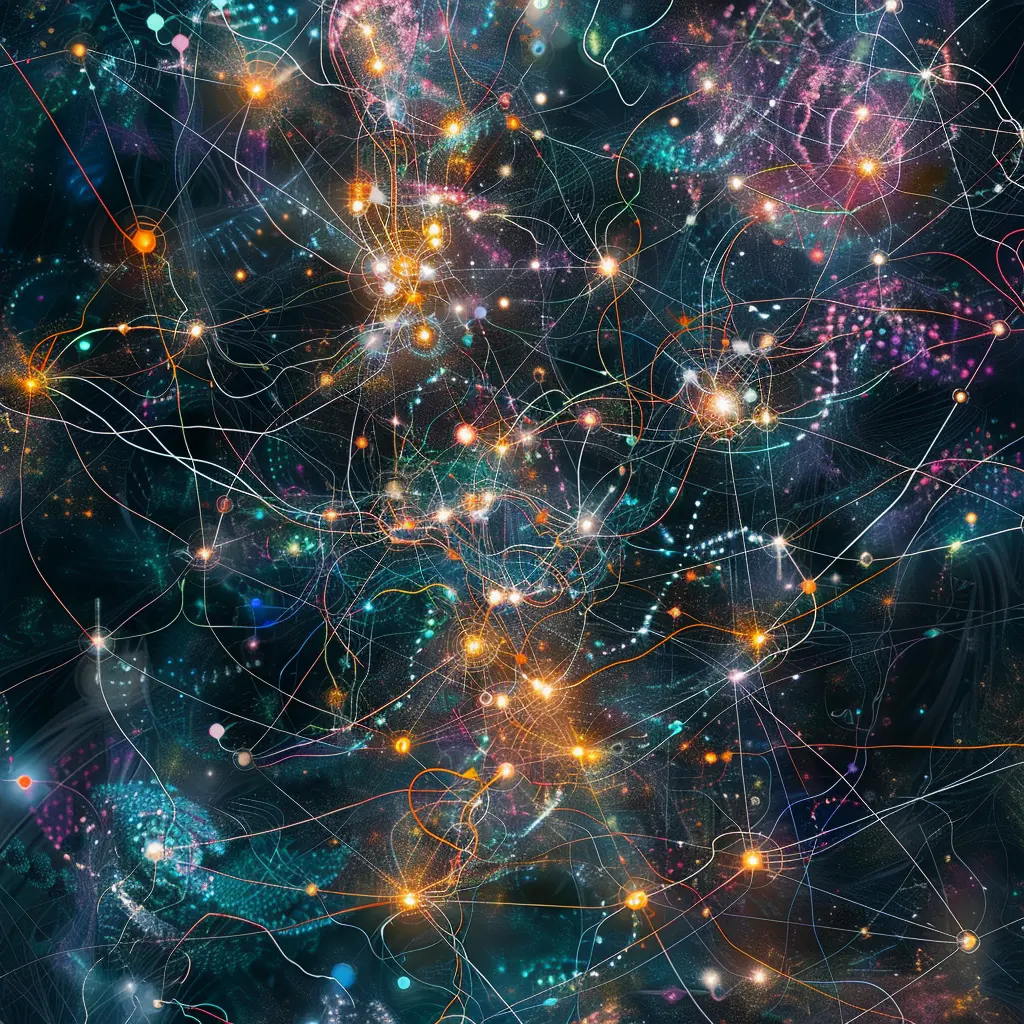 An abstract visualization of a neural network. Neurons of varying shapes and sizes are interconnected.